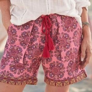 Sundance Kalini Women's S Linen/Cotton Shorts Pockets Pink Paisley Tassel Tie